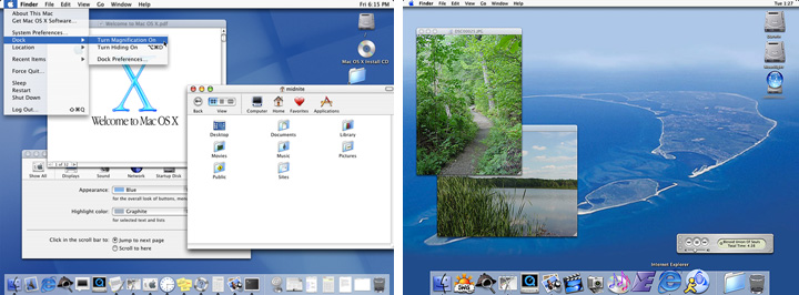 Mac OS X 10.0 Cheetah (слева) увидела свет 24 марта 2001, Mac OS X 10.1 Puma была выпущена уже 25 сентября того же года