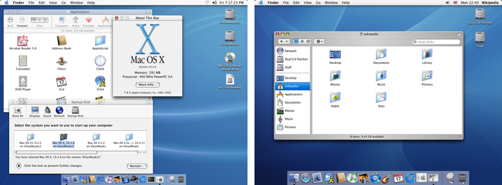 Mac OS X 10.2 Jaguar (слева) выпущена 23 августа 2002, Mac OS X 10.3 Panther (справа) выпущена 23 октября 2003