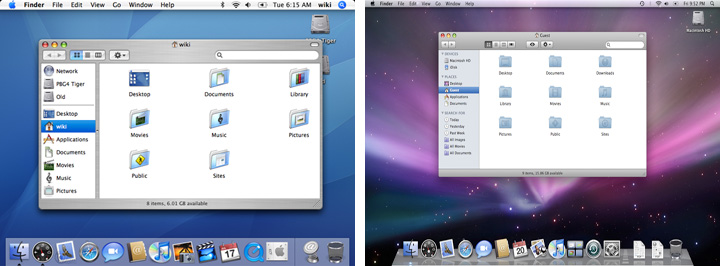 Mac OS X 10.4 Tiger (слева) вышла 29 апреля 2005 года, Mac OS X 10.5 Leopard (справа) вышла 26 октября 2007