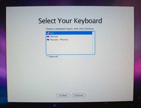 Выбираем раскладку клавиатуры поумолчанию