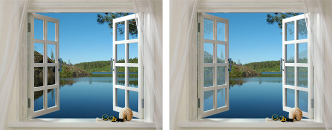Пример ошибочного монтажа, в котором стекло полностью прозрачно (слева), и имитации стекла в окне (справа)