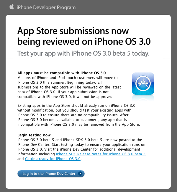 Apple предлагает протестировать все приложения на совместимость с iPhone OS 3.0