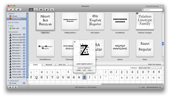 Fontcase позволяет делать предпросмотр как установленных, так и не установленных в OS X шрифтов