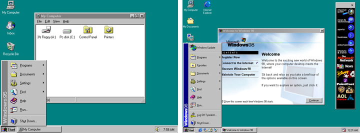 Windows 95 и Windows 98 вышли 24 августа 1995 и 25 июня 1998 соответственно