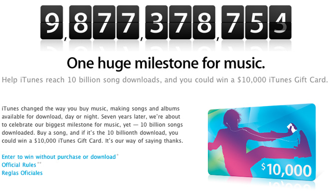 В iTunes Store куплено без малого 10 миллиардов песен